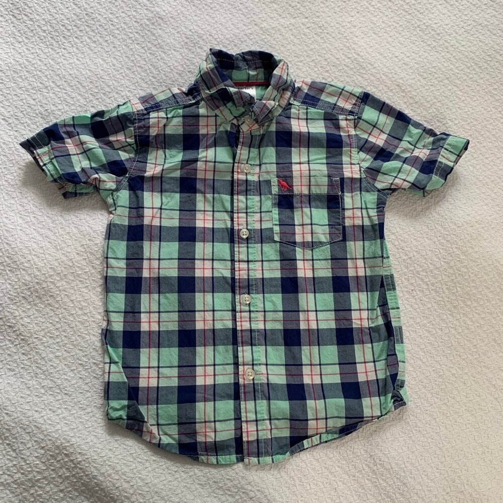 5/$25ā Carter's 4T Green Navy Blue Plaid Dinosaur Short Sleeve Button Down Shirt